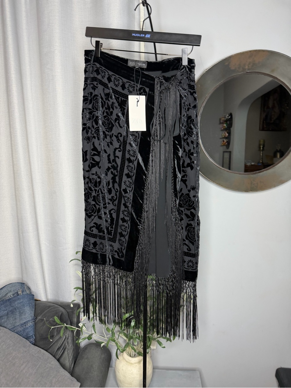 Zara Black Velvet Fringe Wrap Midi Skirt - Picture 12 of 15